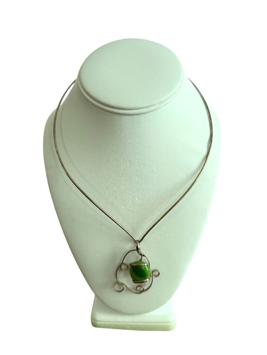 Unknown Jewelry - Vintage Artisan Collar Art Deco Drop Pendant Necklace Green Celadon Stone Agate
